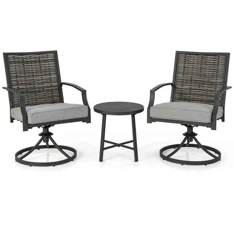 3pc Patio Swivel Chair Bistro Set w/Table Rattan Cushions Garden Deck
