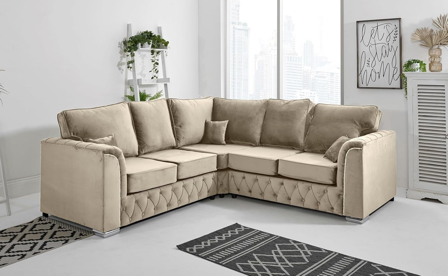 Cream Plush Velvet 5-Seater Corner Sofa – Fullback & Button Detail