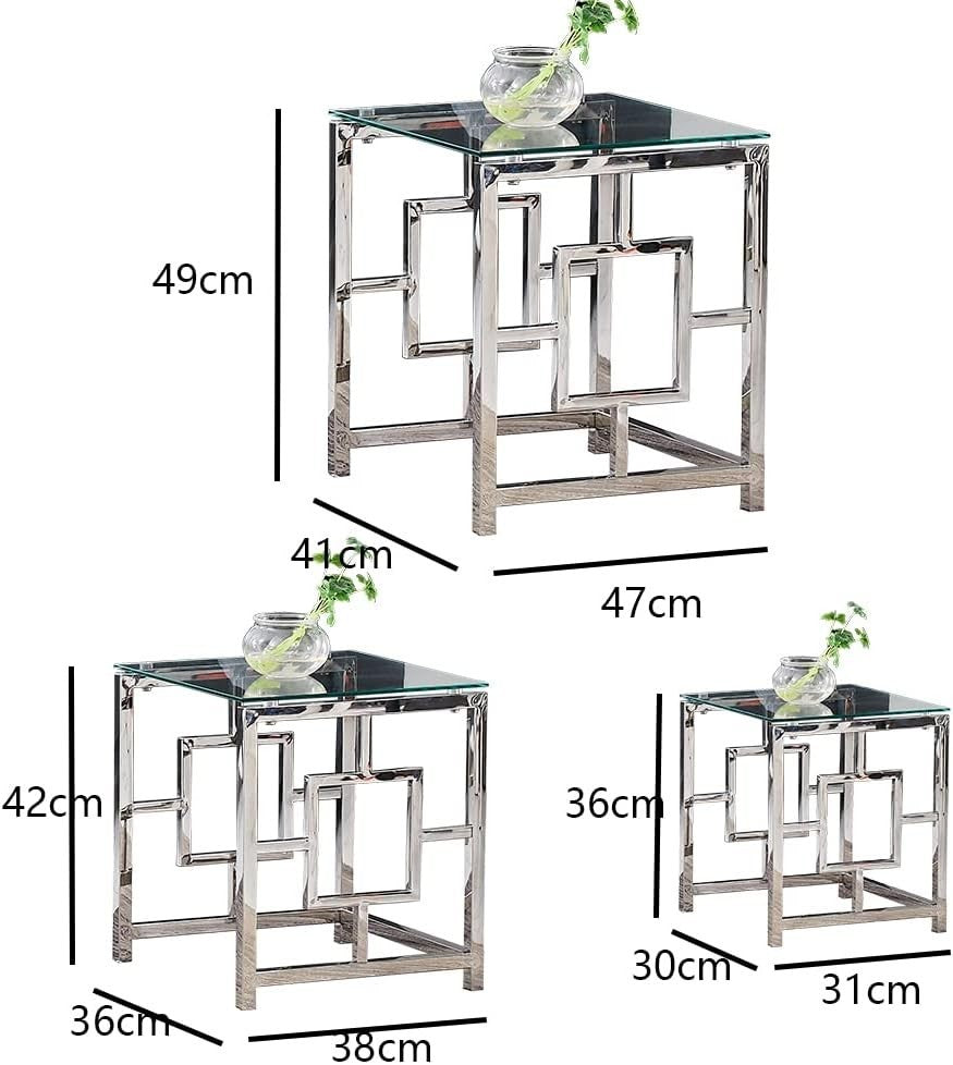 Nest of 3 Modern Coffee Tables Dark Glass Silver Metal Frame Stackable
