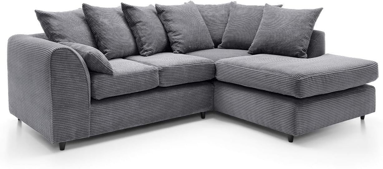 Luxury Jumbo Cord L Shaped Corner Sofa Grey Deep Cushioned 4 Seater