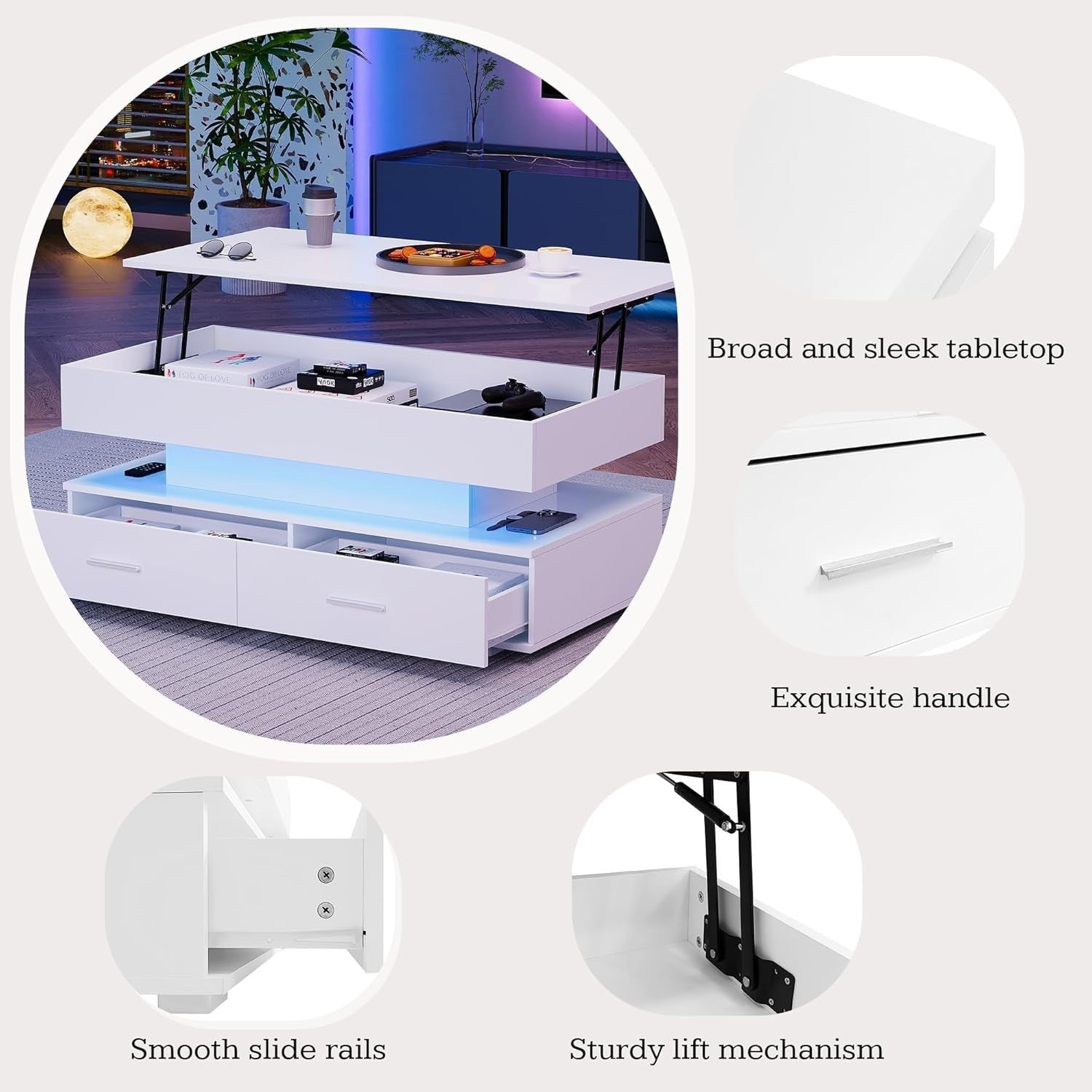 LED Lift Top Coffee Table with Storage Drawers, RGB Lights, Modern White