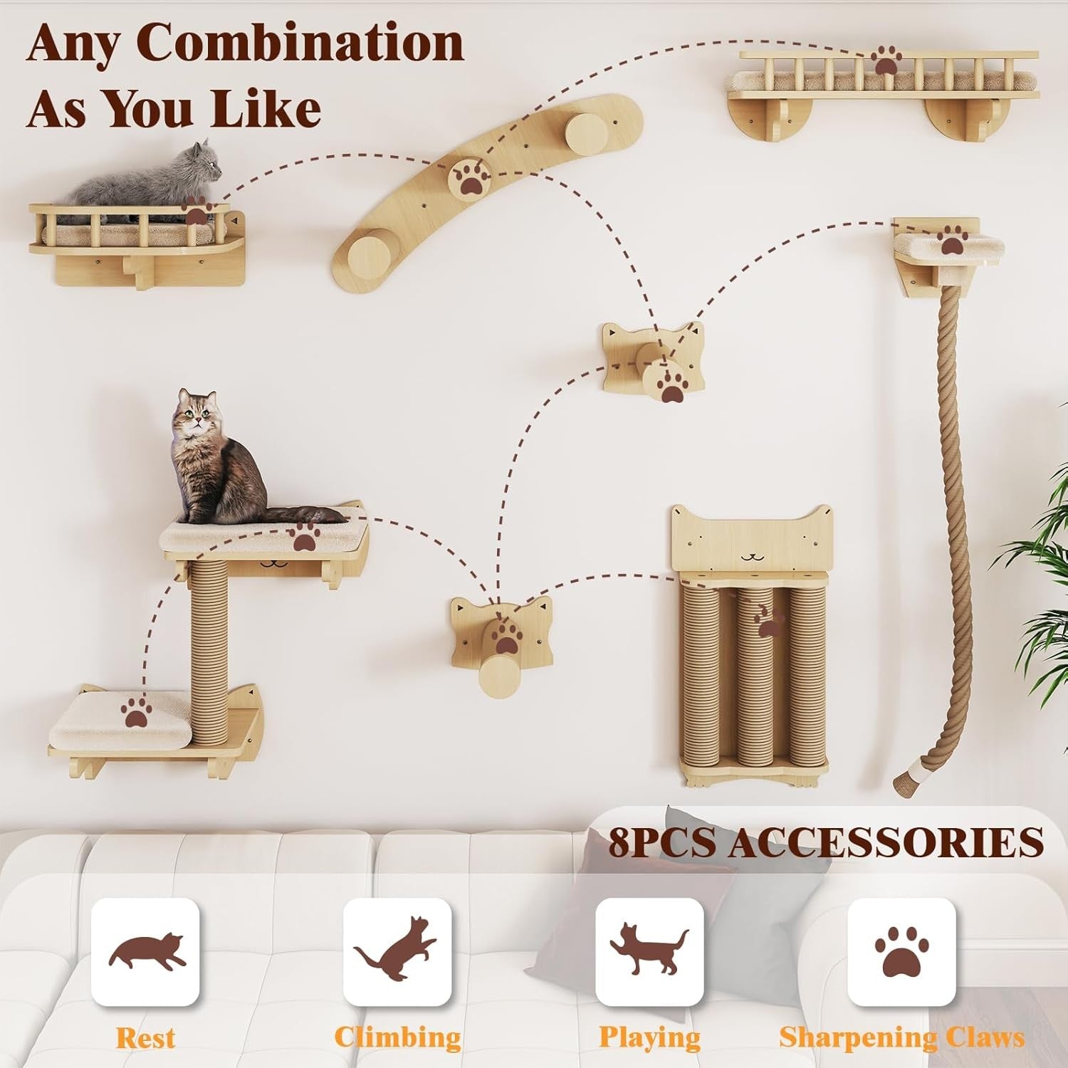 Cat Wall Climbing Set Solid Wood Shelves Scratching Posts Platforms Bed