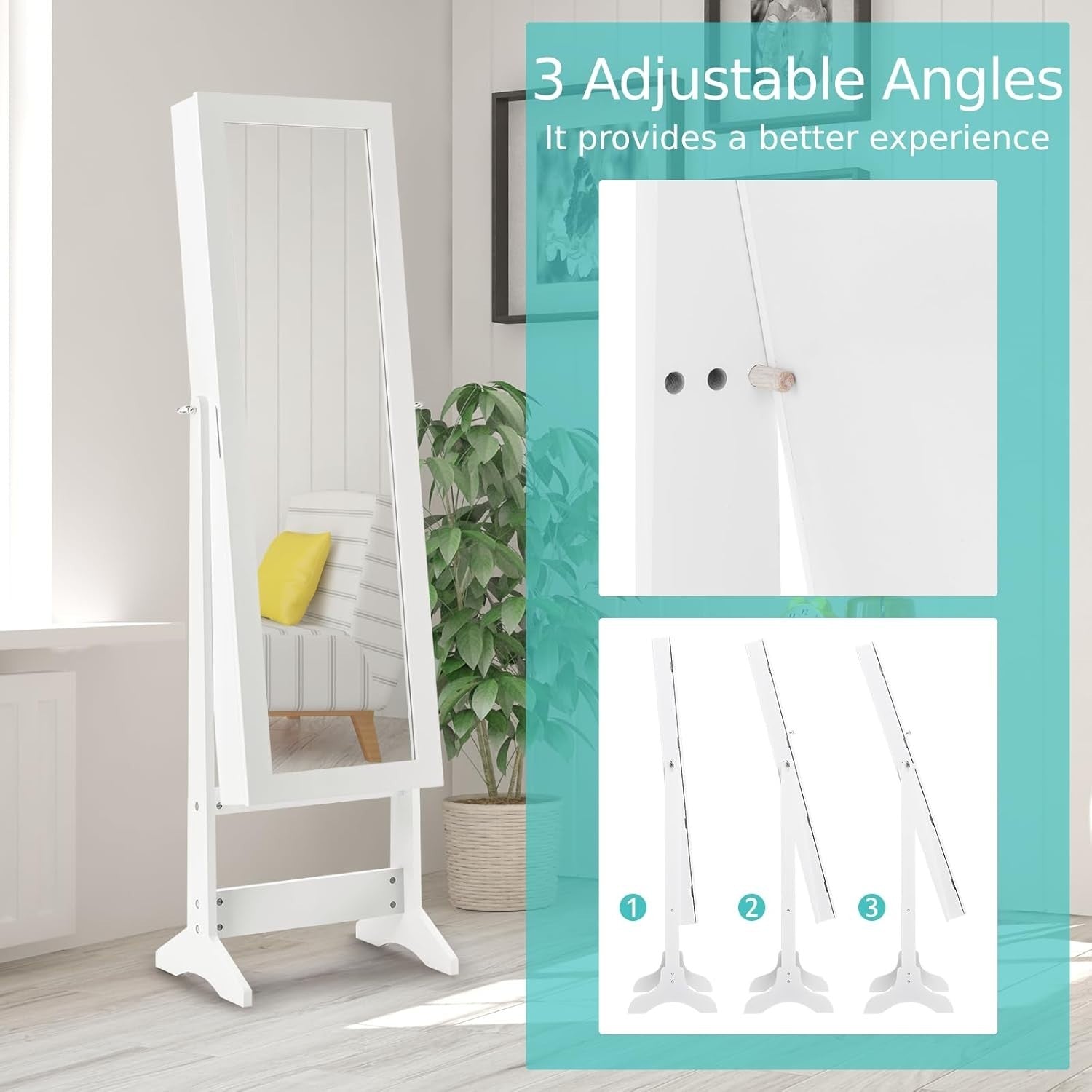 White Freestanding Jewelry Cabinet Full Length Mirror Adjustable Organizer
