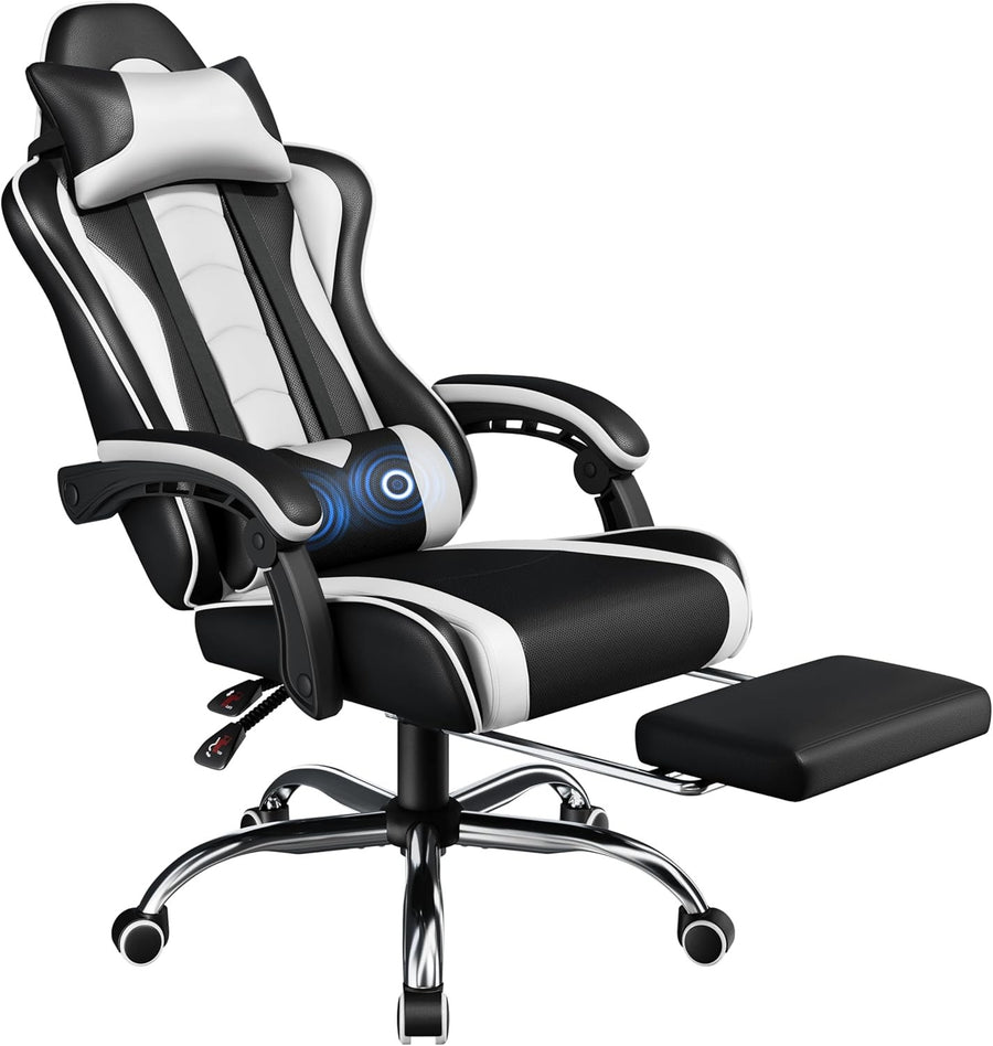 Ergonomic Gaming Chair Recliner w/ Footrest Massage Lumbar