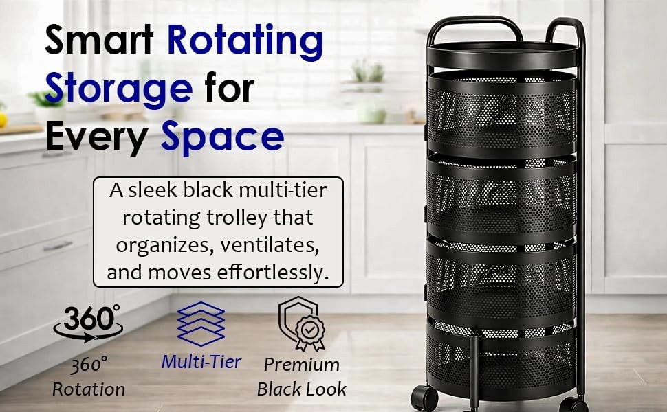 5 Tier Rotating Storage Trolley Round Cart with Wheels Kitchen Bathroom