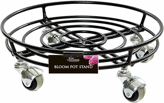 Heavy Duty Metal Plant Pot Stand with Wheels Round Flower Caddy Trolley Black