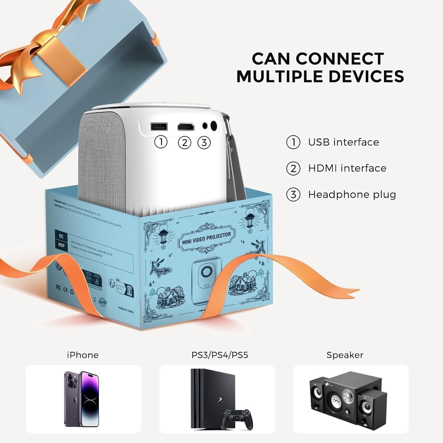 Portable 1080P Projector 550 ANSI WiFi Bluetooth Auto Focus Low Noise