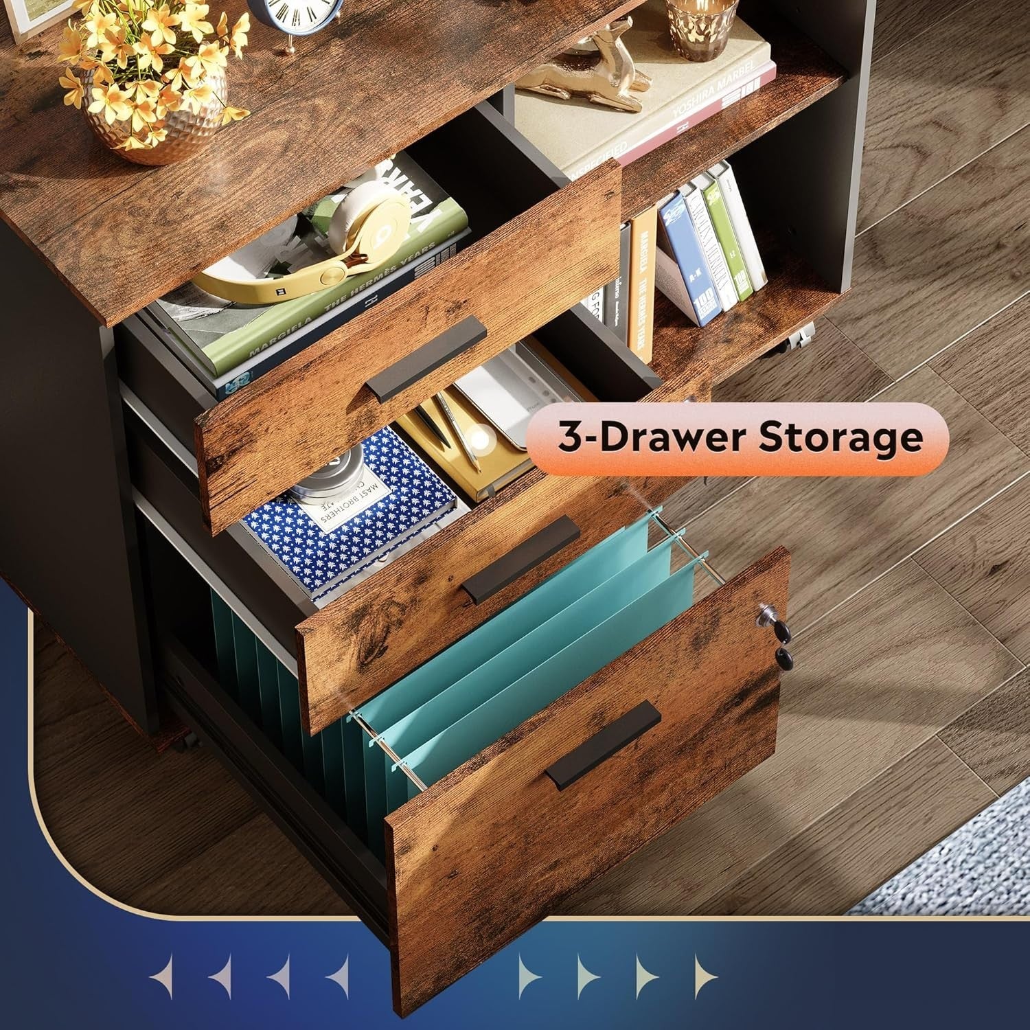 Rustic Brown Mobile File Cabinet 80x40x63cm Lockable Drawers Shelf