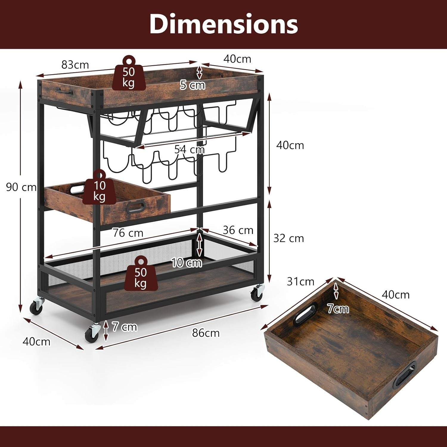 3 Tier Serving Trolley Bar Cart on Wheels with Wine Rack Glass Holder Tray