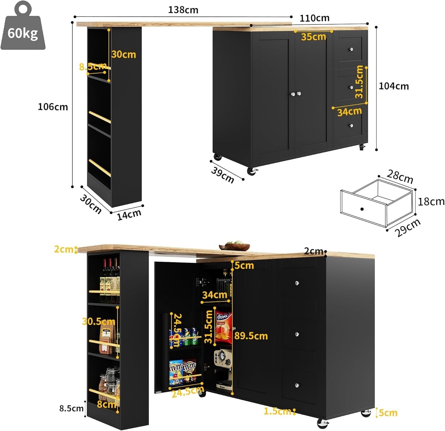 360° Swivel Kitchen Island Table with 3 Drawers, Extendable & Mobile