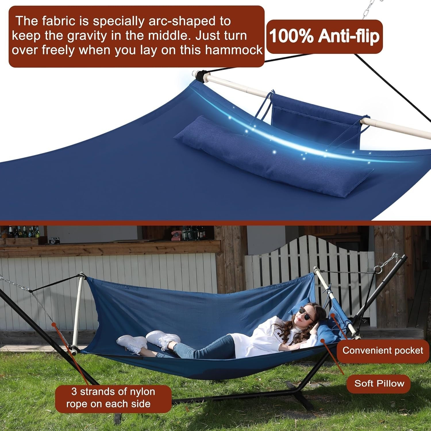 12FT Anti-Flip Double Hammock with Iron Spreader Bars & Nylon Ropes, 450LB