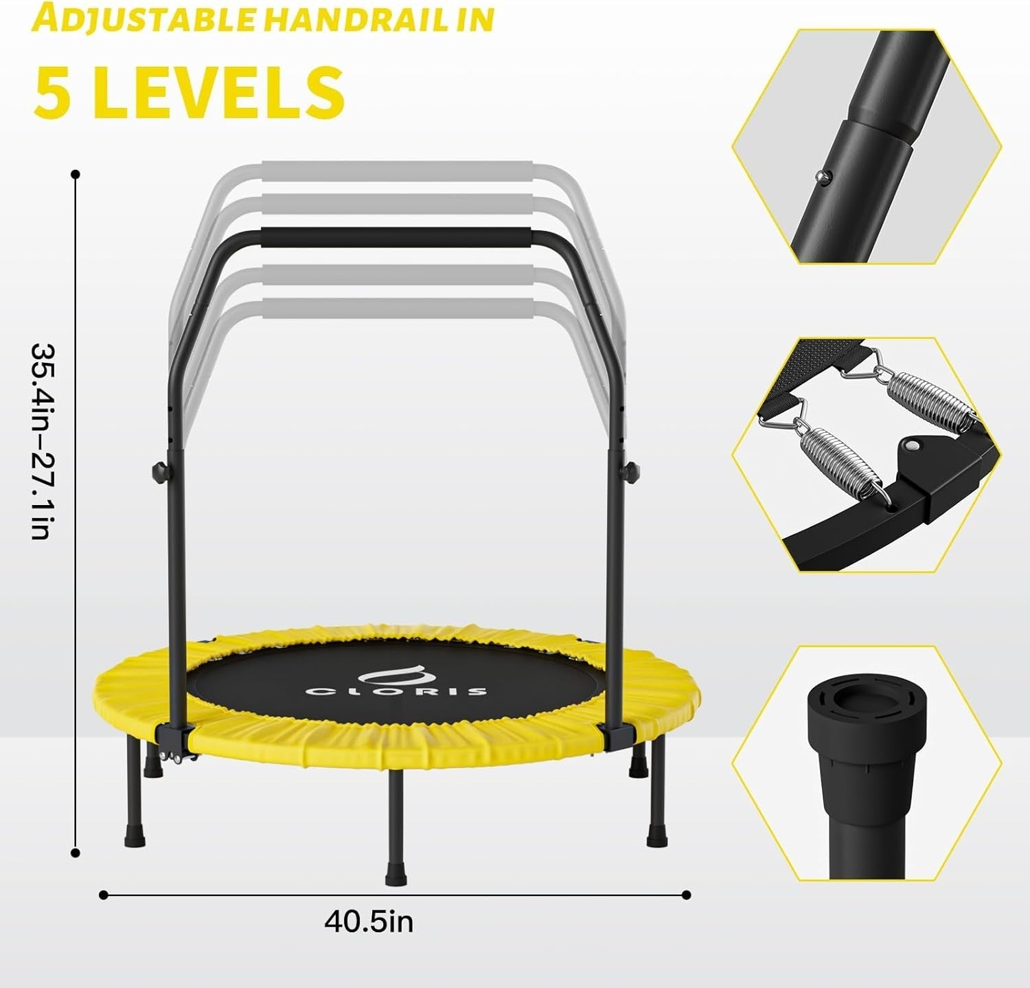 40” Foldable Fitness Trampoline Rebounder Adjustable Handle 400lbs Quiet