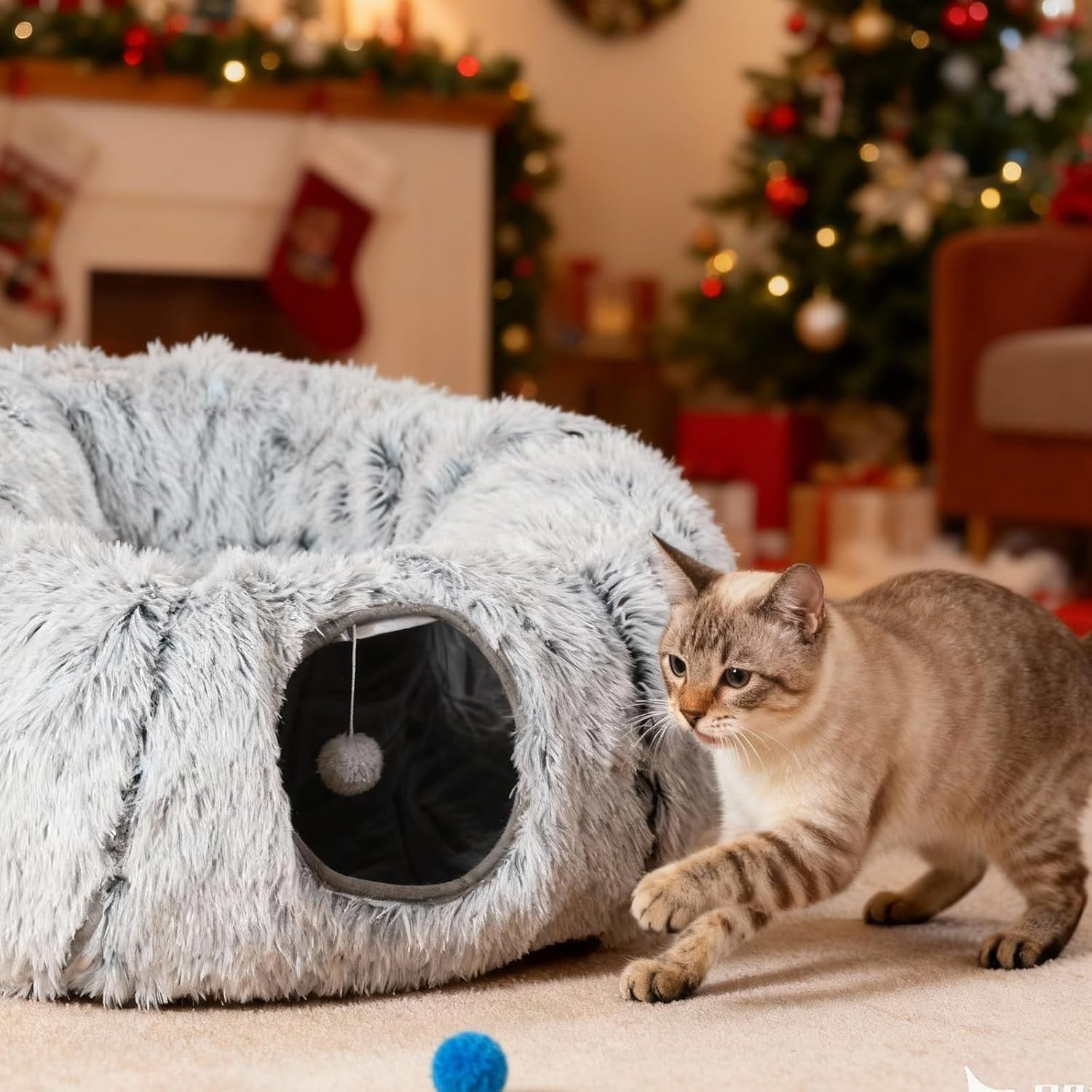 Large Cat Tunnel Bed Foldable Donut Play Tunnel w Plush Bed Toys
