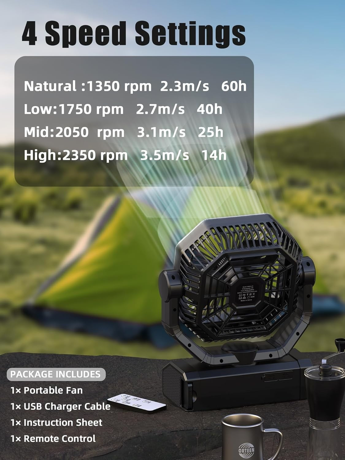 9" Rechargeable Camping Fan – 20000mAh LED 4-Speed w/ Remote for Tent & Travel