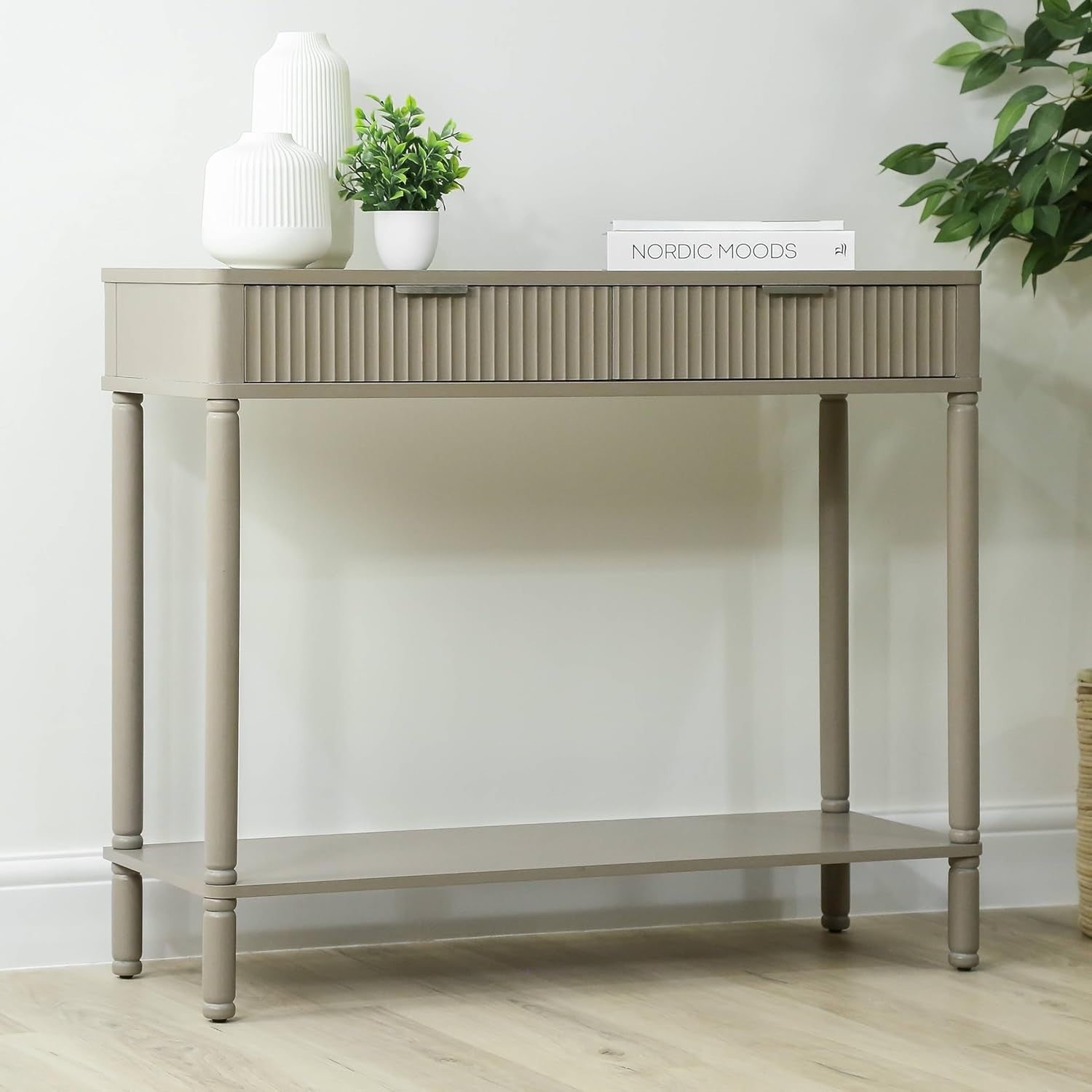 Slim Wooden Console Table with 2 Drawers & Storage Shelf, Taupe 90x75x32cm