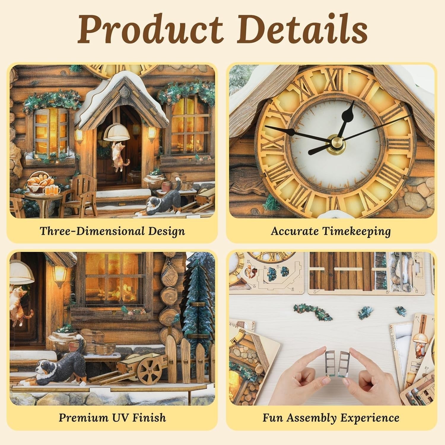 3D Wooden House Clock Puzzle DIY Functional Wall Clock Rustic Decor