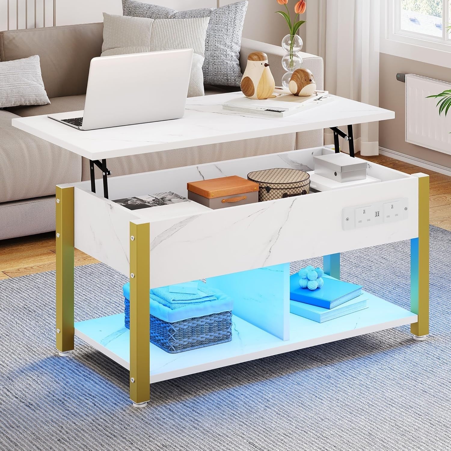 Lift Top Coffee Table with Storage, LED Lights, USB & Outlets – White Marble
