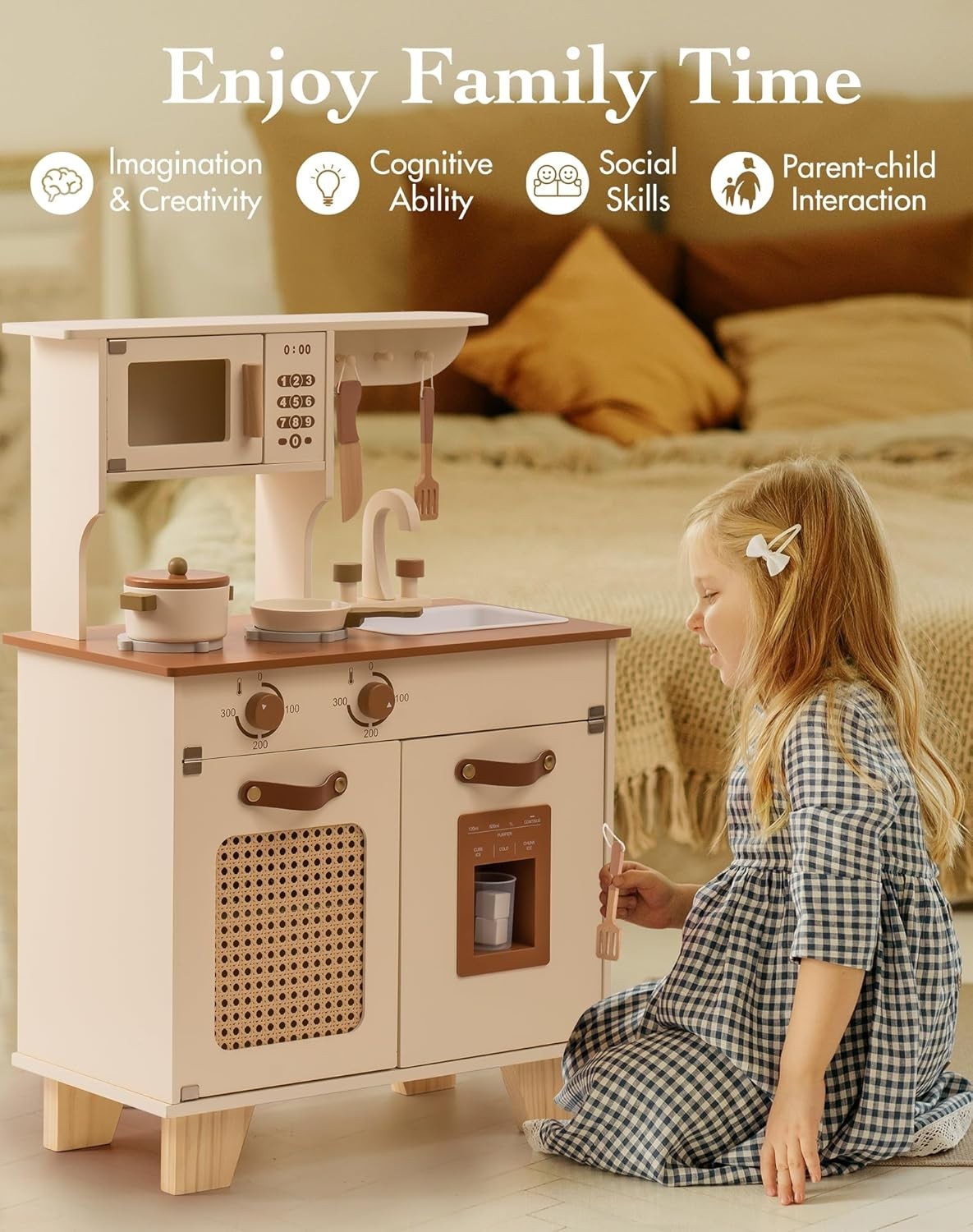 Wooden Kids Play Kitchen w/ Ice Dispenser Vintage Cream Toy