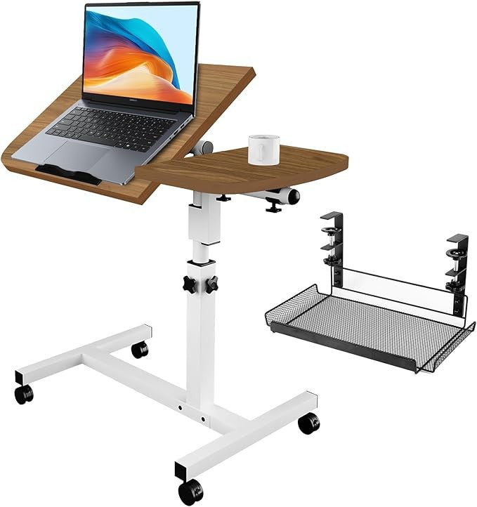 Adjustable Overbed Laptop Table Oak with Wheels Split Tilting Bedside Desk