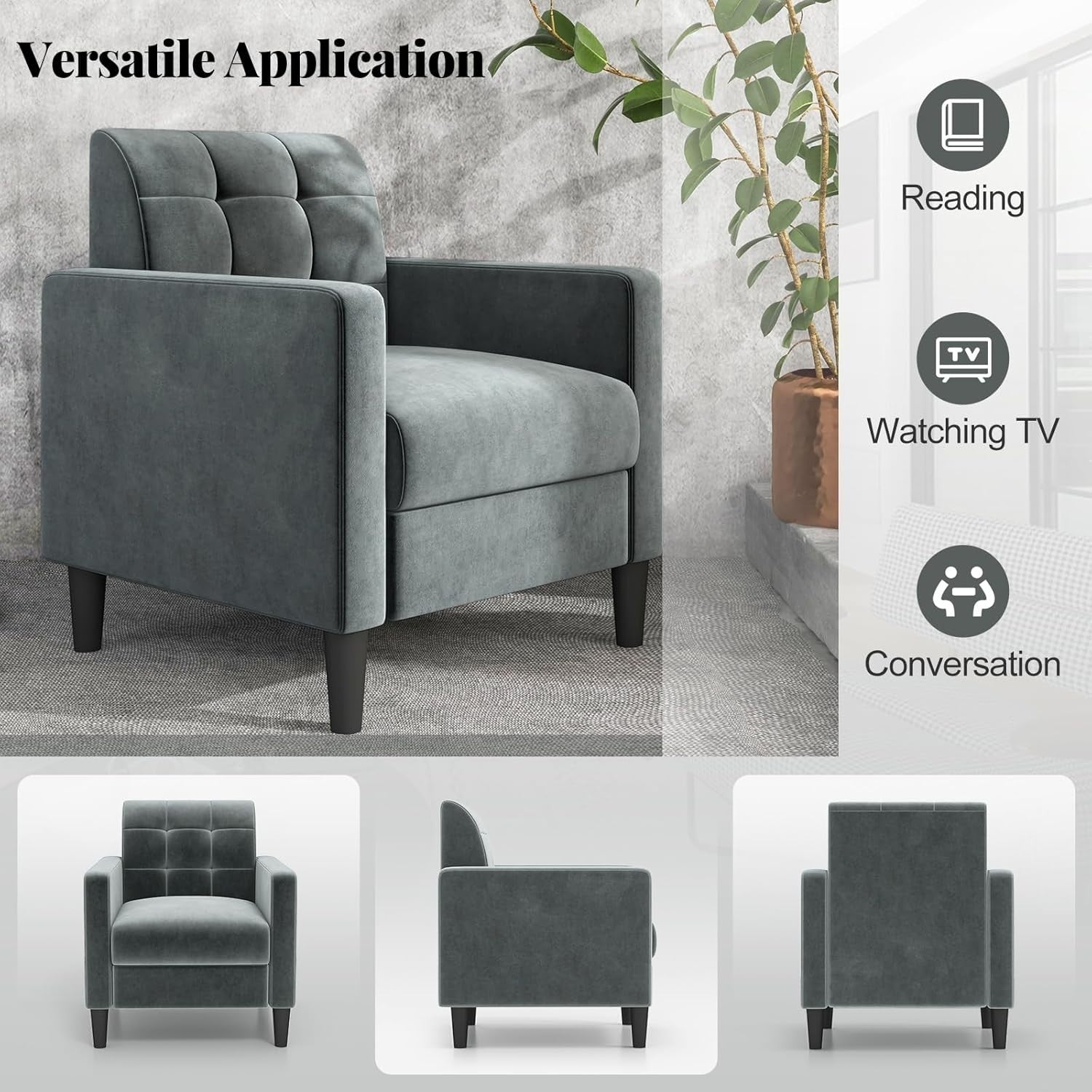 Tufted Velvet Accent Chair Armchair Lounge Seat Comfy Grey Sofa Modern