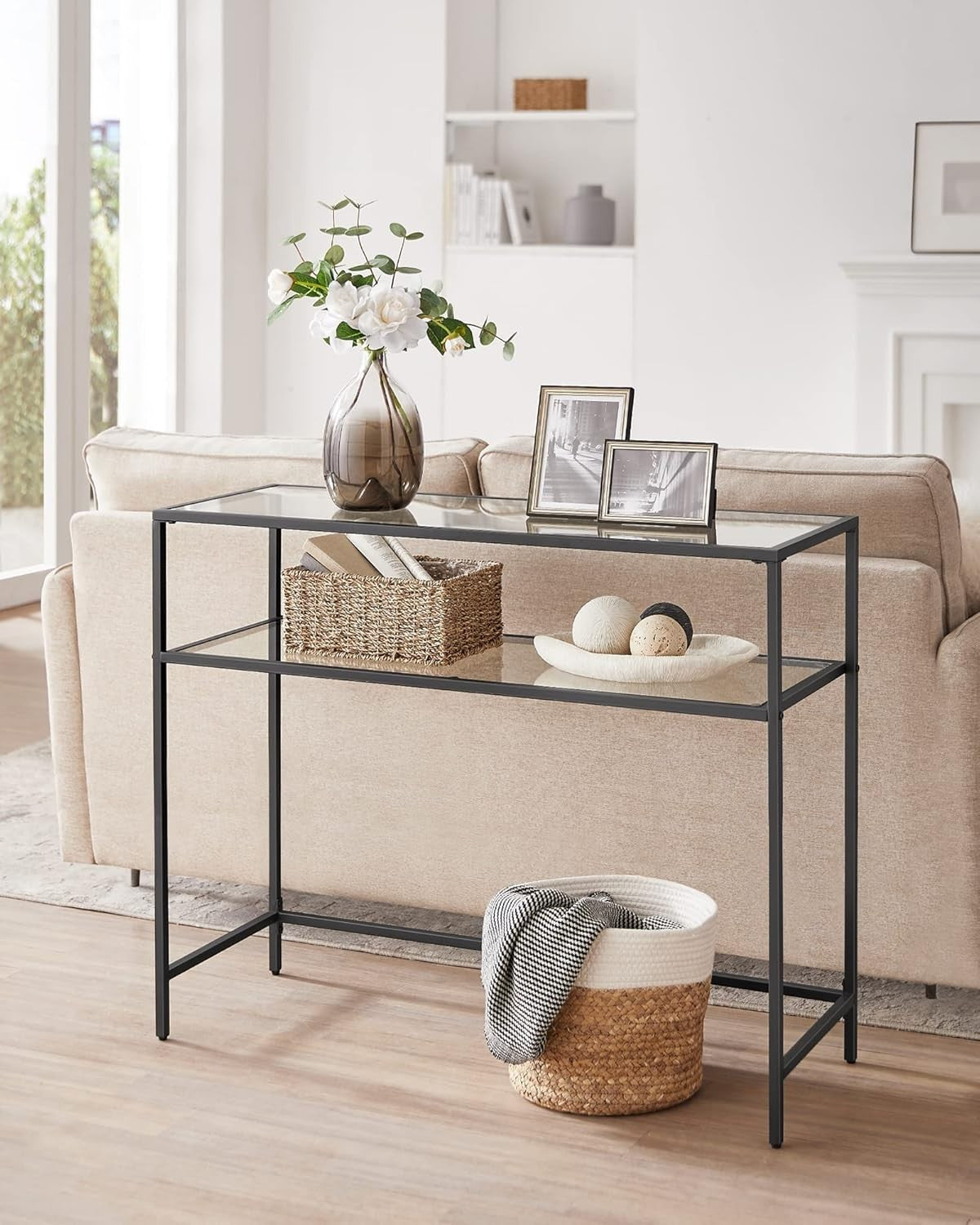 Console Table Black Metal Frame Tempered Glass | 2 Tier 35D x 100W x 80H cm