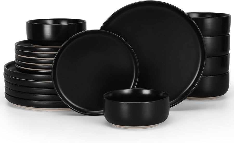 18pc Stoneware Dinnerware Set Plates Bowls Matte Black for 6