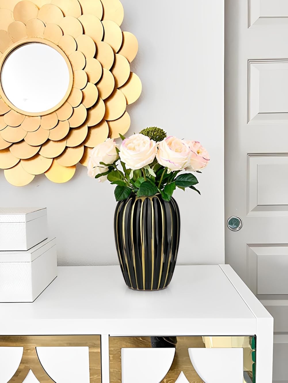 Black Gold Ribbed Ceramic Vase Luxury Floral Table Home Décor 8.2 Inch