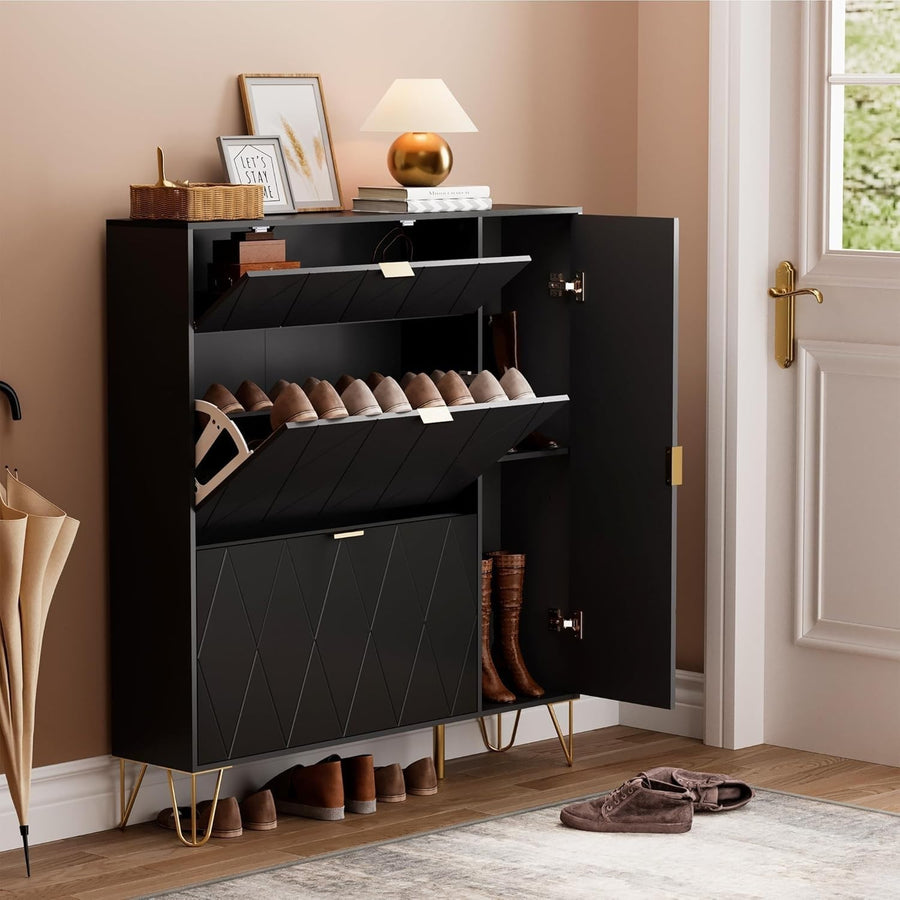 Narrow 16 Pair Shoe Cabinet with Boot Storage & Hidden Shelf – Black