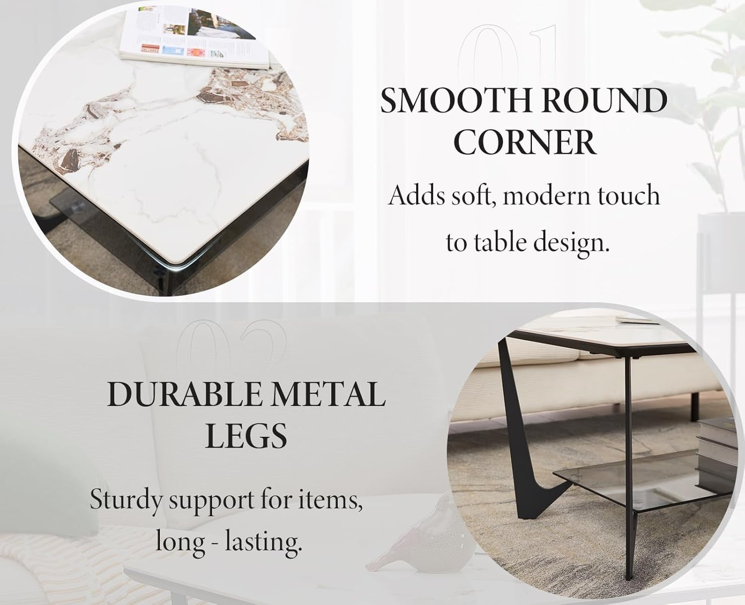 Modern Marble Effect Coffee Table with Glass Shelf & Metal Legs – 110x60cm