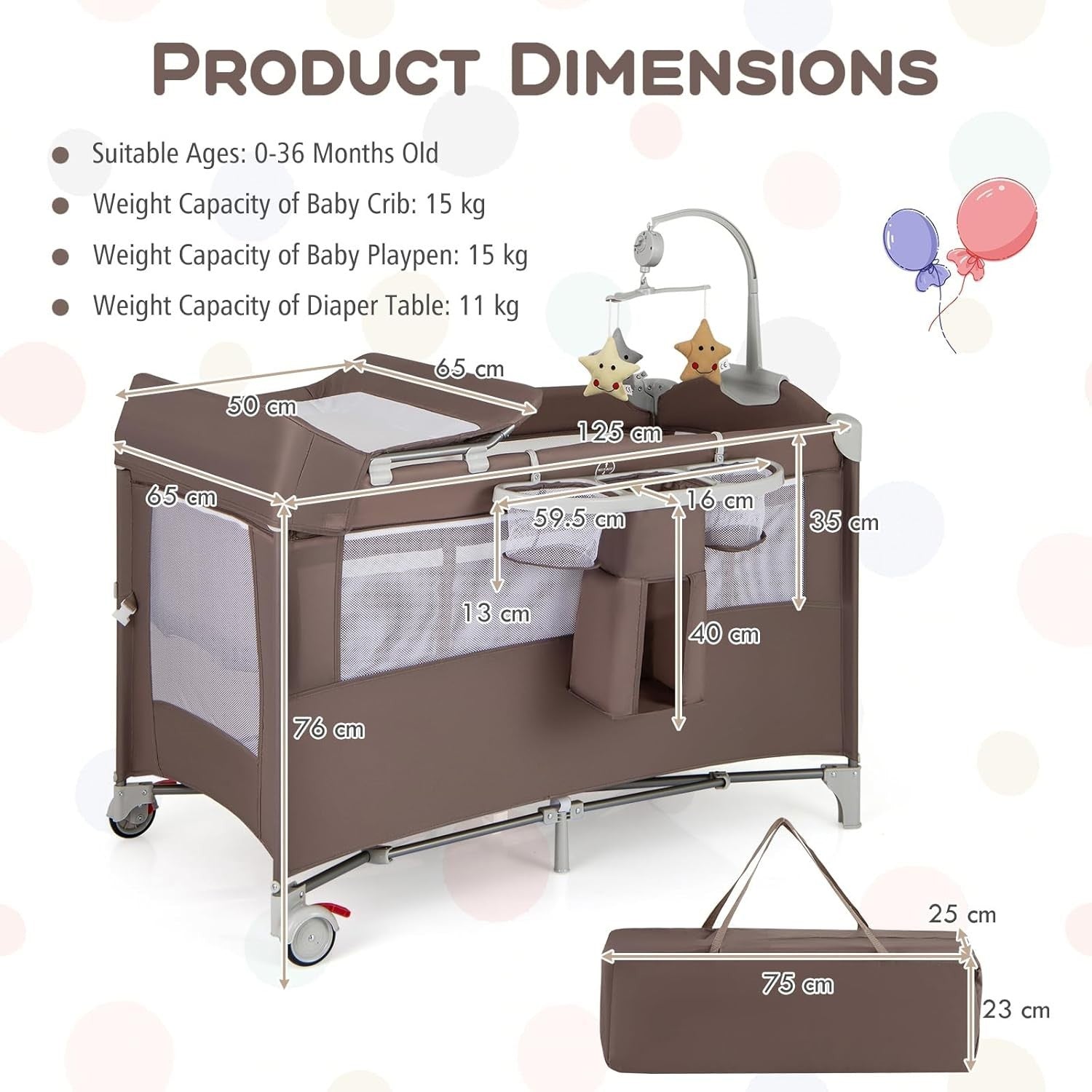 5in1 Baby Travel Cot Foldable Crib with Mattress Basket Changer & Storage Brown