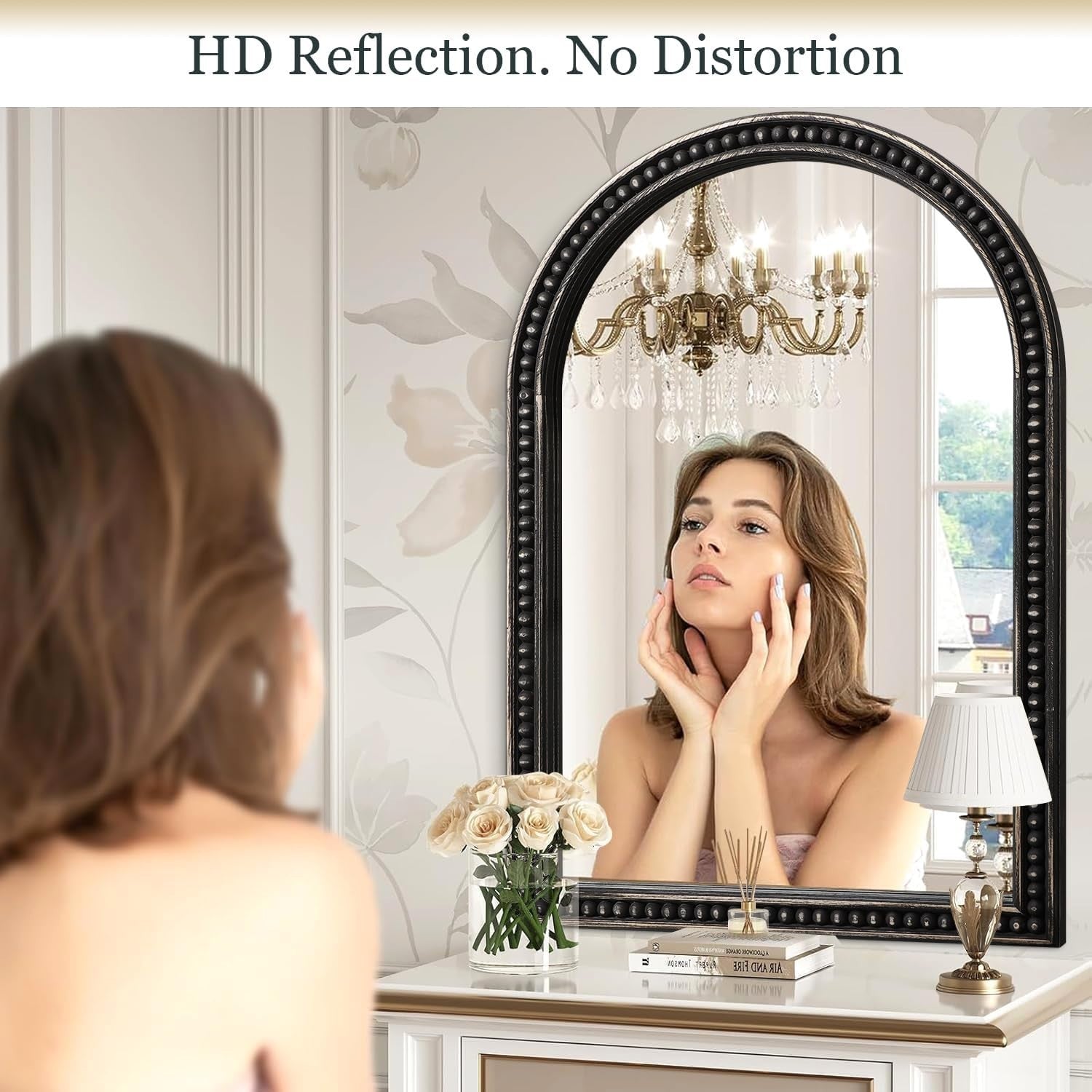 Luxury Arch Wall Mirror 90x60cm Black Wood Frame Bathroom Vanity Decor