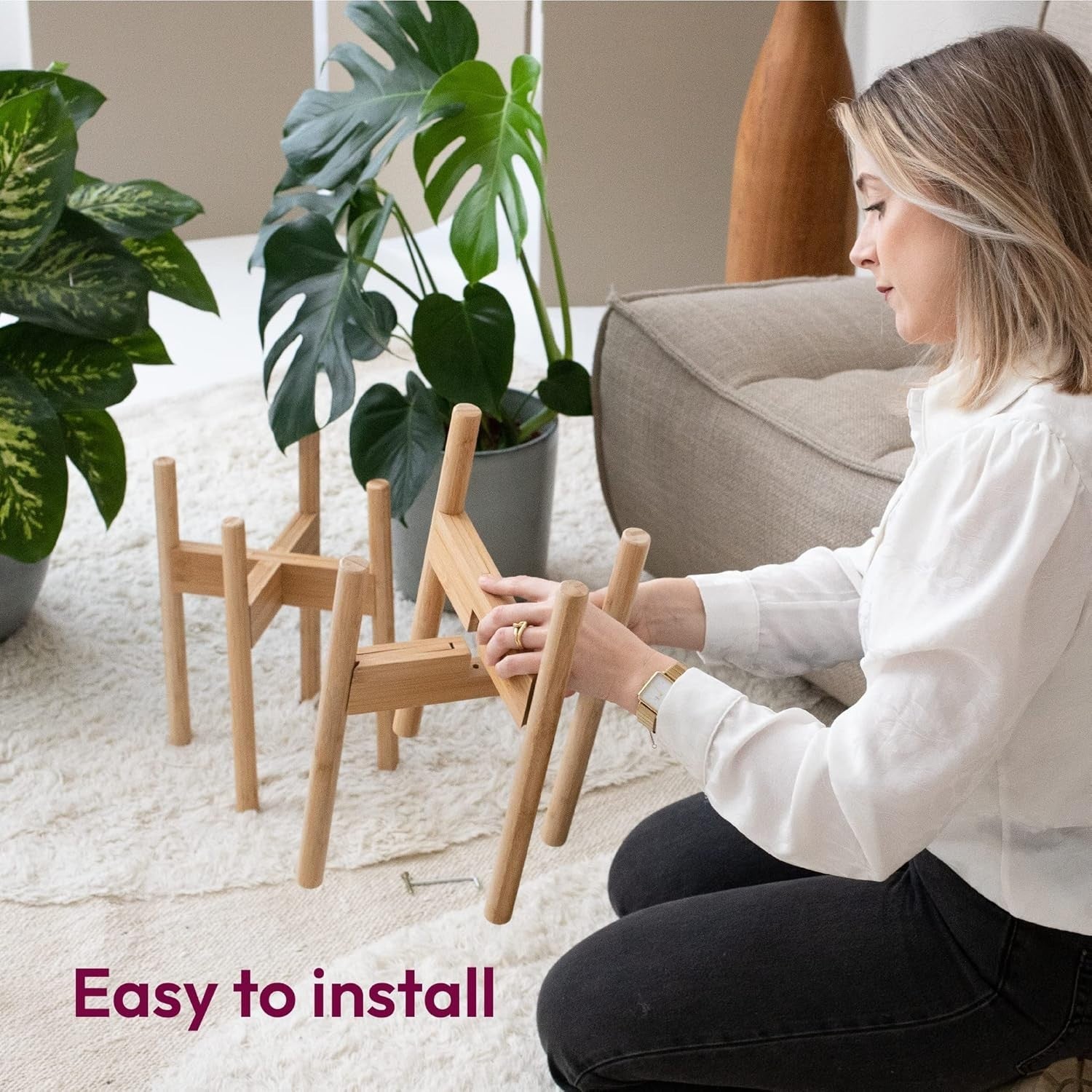 Set of 2 Adjustable Bamboo Plant Stands, Wooden Flower Pot Holders Indoor & Outd