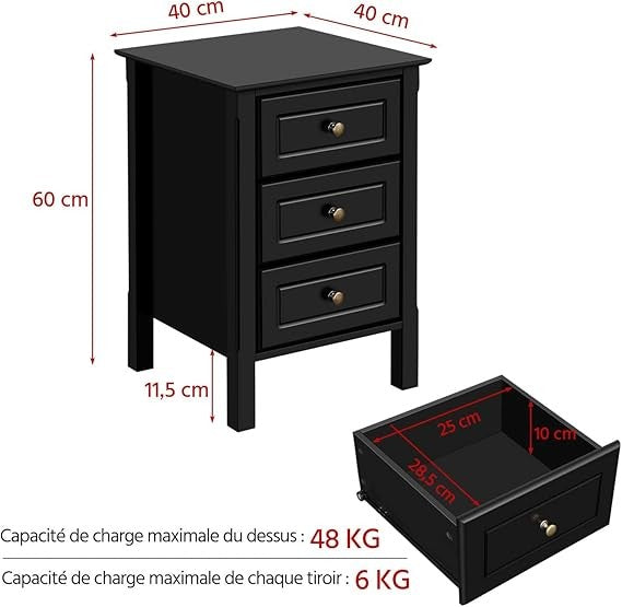 Black Bedside Tables Set of 2 | Wooden 3-Drawer Nightstands 40×40×60cm Modern