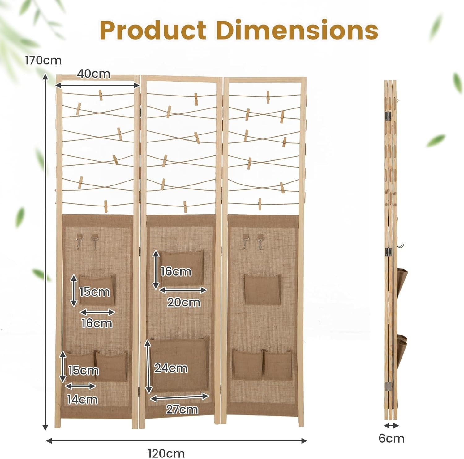 3 Panel Fabric Folding Room Divider with Hooks & Storage Pockets 120x170cm