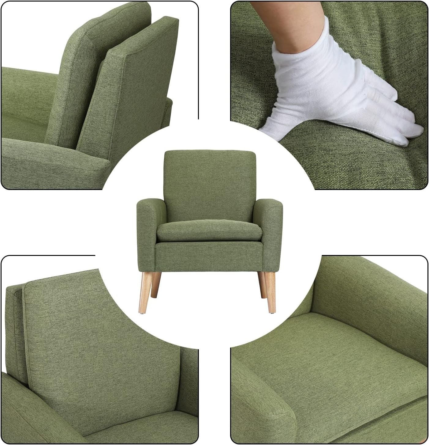 Green Lounge Armchair Upholstered with Wood Legs for Living Room Bedroom