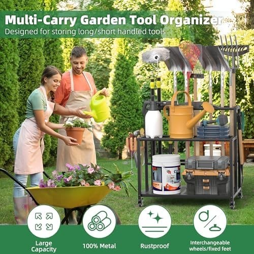 Heavy-Duty Garden Tool Rack 70x55x80cm 3-Tier Rolling Shed Organizer