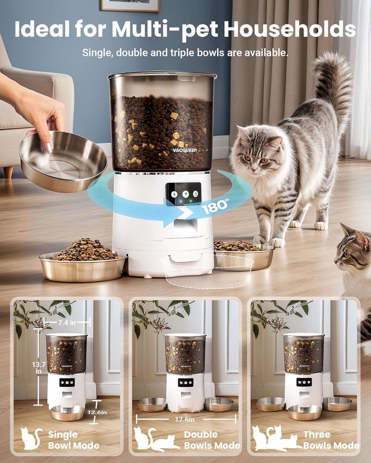 3 Bowl Automatic Cat Feeder 6L WiFi Pet Food Dispenser for 3 Cats