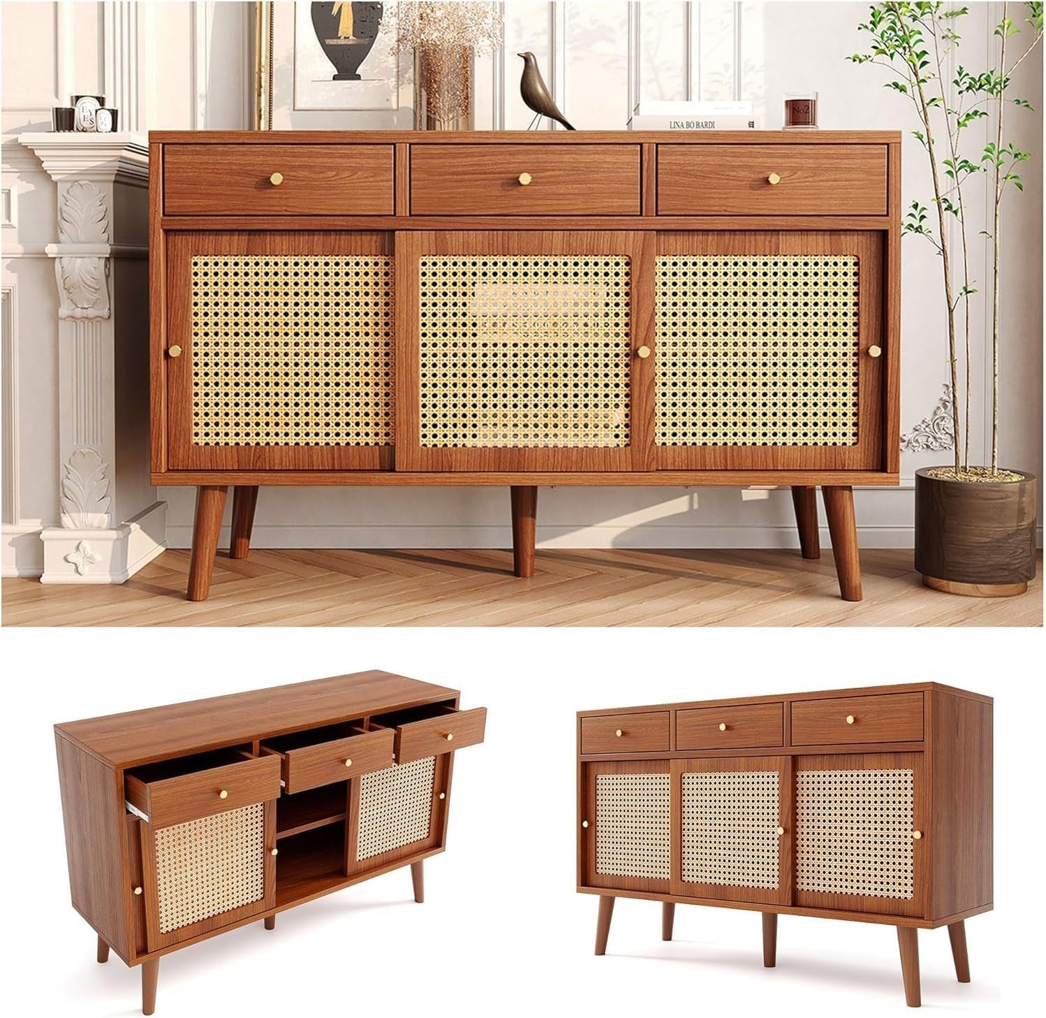 Modern Rattan Sideboard Cabinet 3 Drawers 2 Doors Walnut Storage Unit