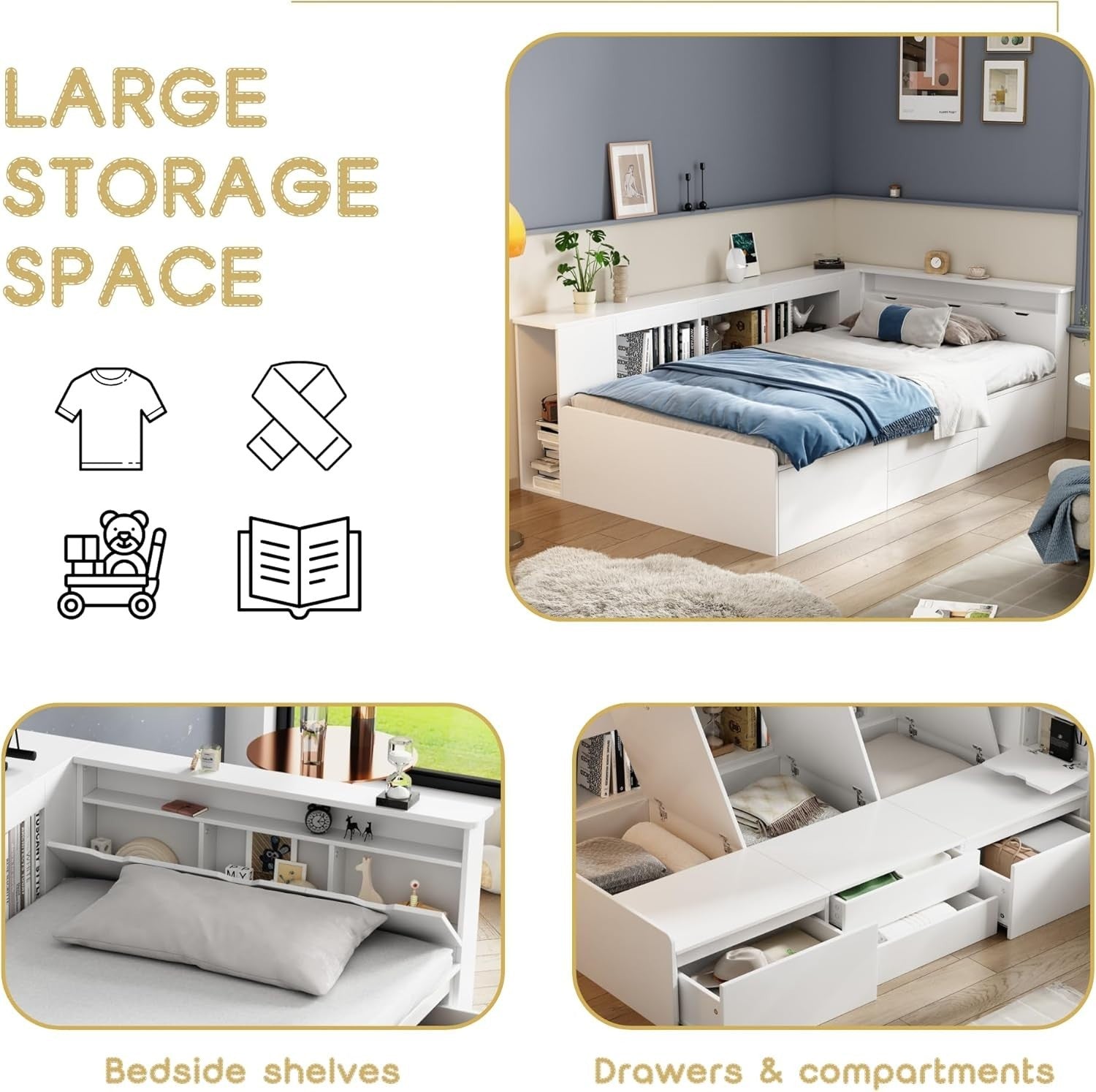 3FT White Cabin Bed Storage Drawers Bookcase Kids Single Bed Frame