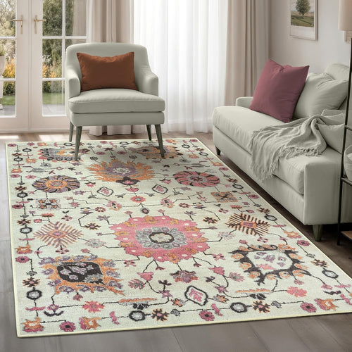 Washable Rug 152x213cm Non-Slip Soft Area Carpet Modern Boho Dusk Beige Pink