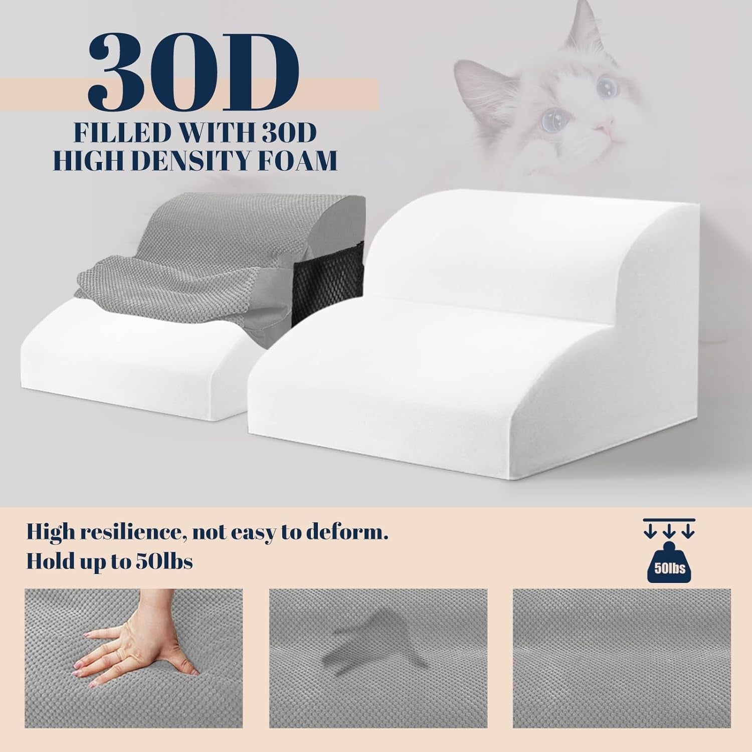 Grey 2 Step Dog Stairs 30D Foam Non Slip Pet Ramp 40x40x30cm
