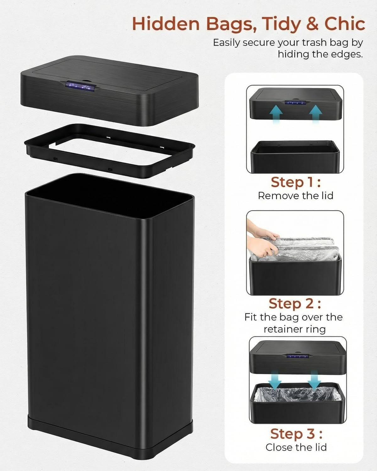 50L Sensor Kitchen Bin Touchless Automatic Soft Close Black
