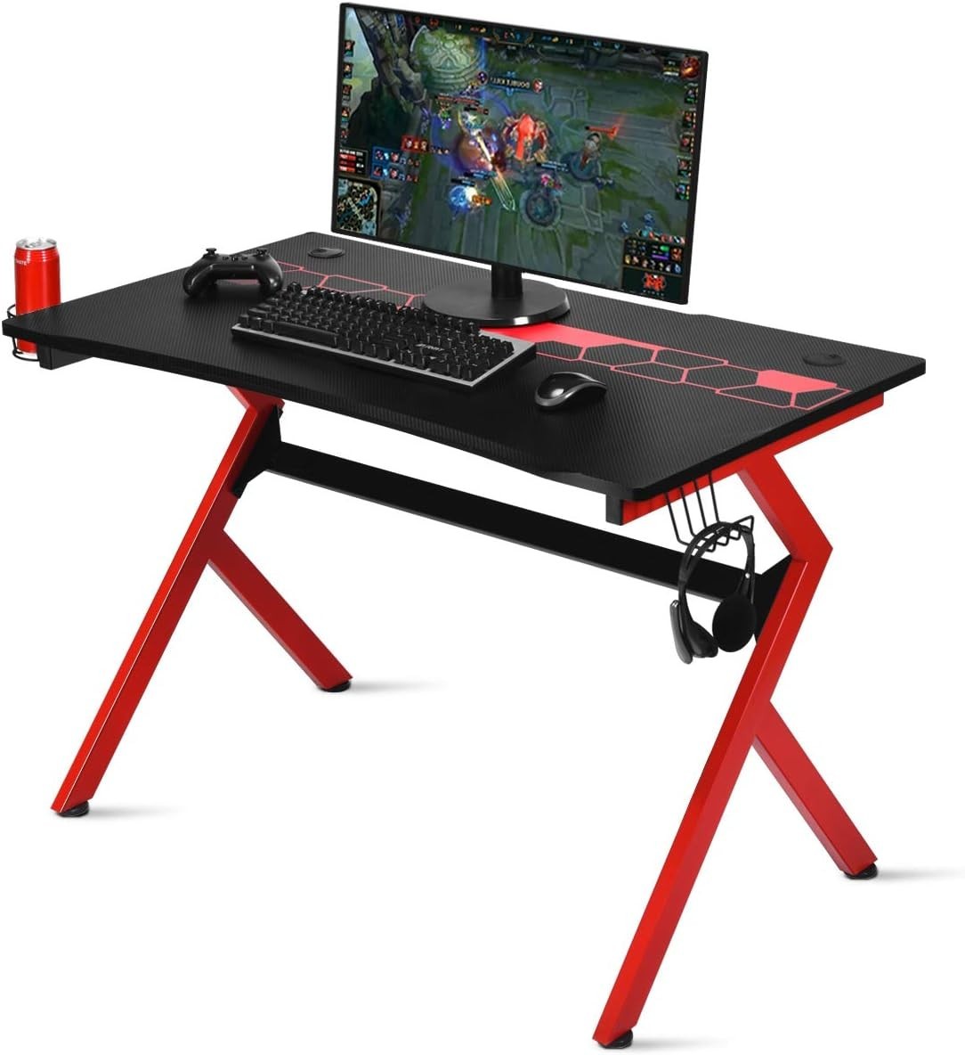 R-Shaped Gaming Desk with Cup Holder & Hook 115cm Carbon Fibre PC Table