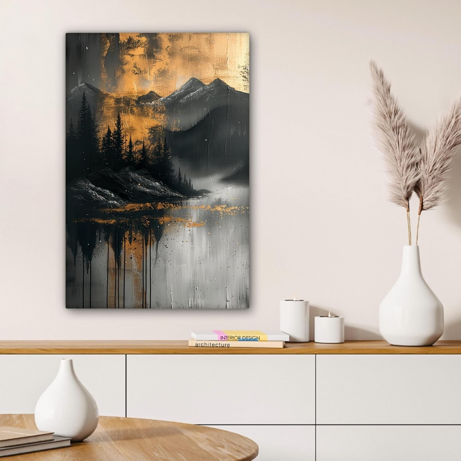 Forest Mountain Canvas Wall Art 40x60cm Gold Black Framed Modern