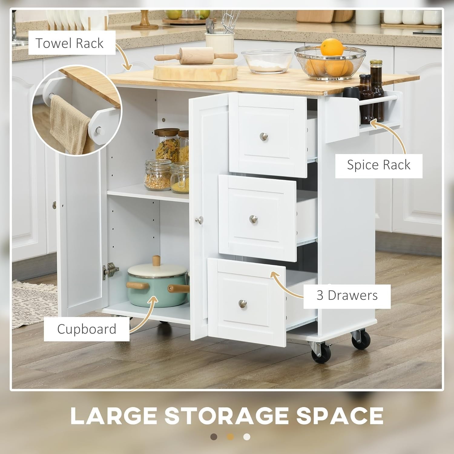 Rolling Kitchen Island Cart with Drop Leaf, 3 Drawers & Spice Rack, White