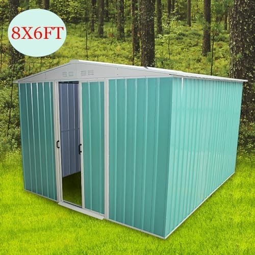 8x6ft Heavy Duty Metal Garden Storage Shed with Lockable Sliding Doors Green