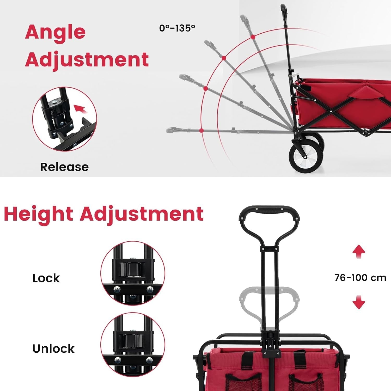 Red Folding Trolley Cart Heavy Duty Collapsible Garden Wagon Adjustable Handle