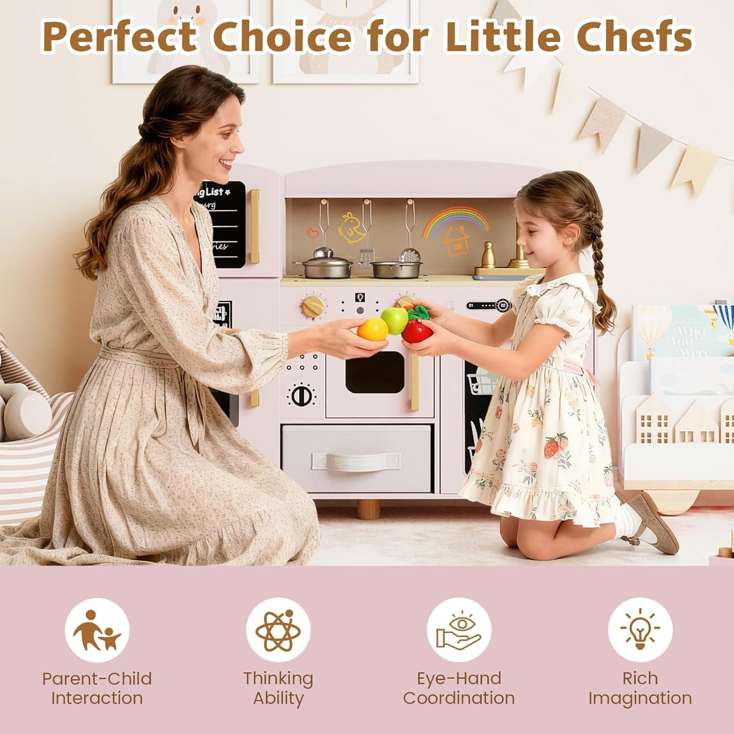Wooden Kids Play Kitchen Pink w/ Ice Maker Sink Blackboard Toy Set