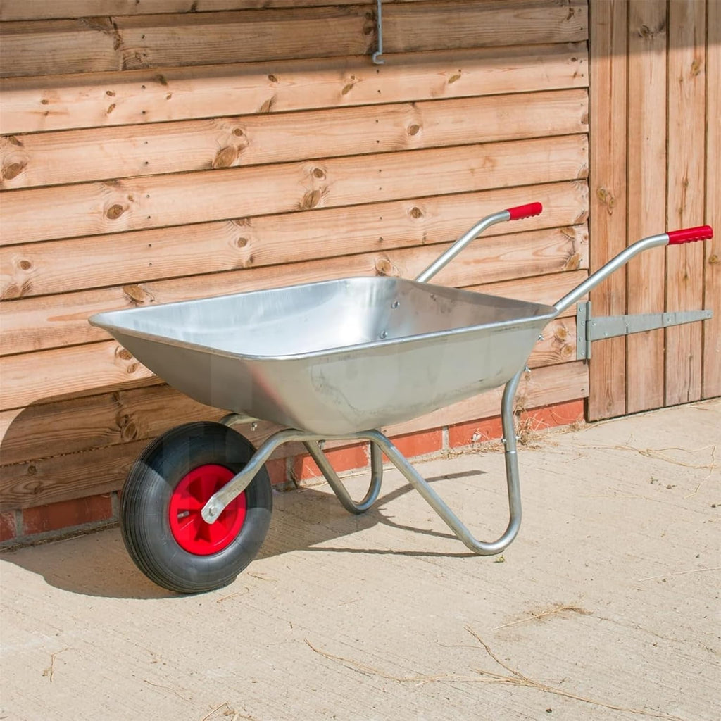65L Pneumatic Wheelbarrow – Silver Galvanised Steel Garden Cart Heavy Duty 60kg