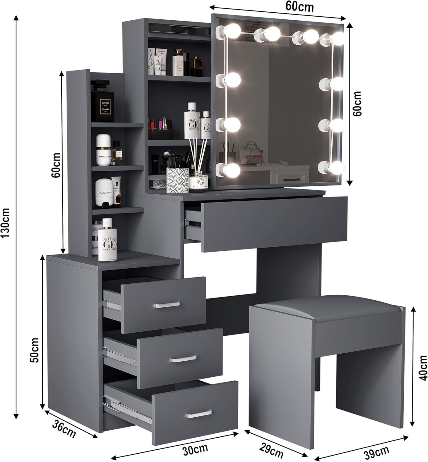 Dressing Table Vanity Desk Sliding Mirror LED Lights Drawers Storage Grey Bedroo